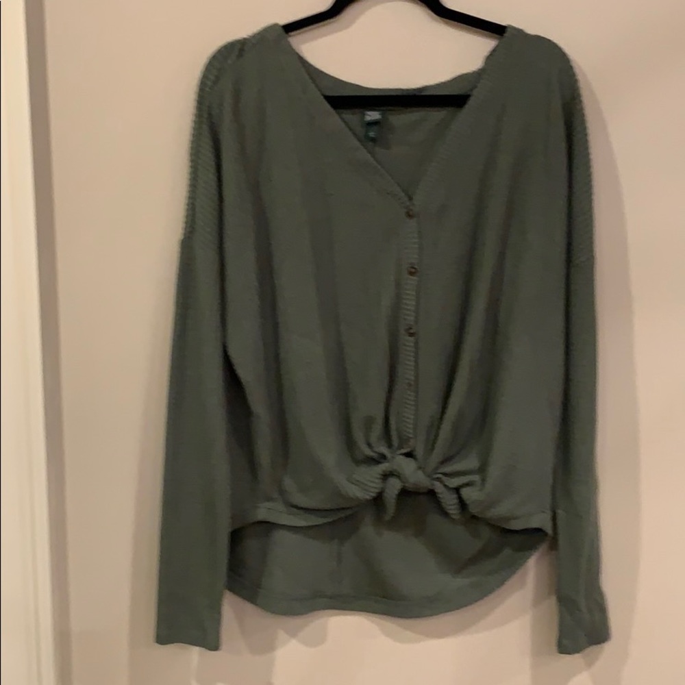 Green waffle knit top